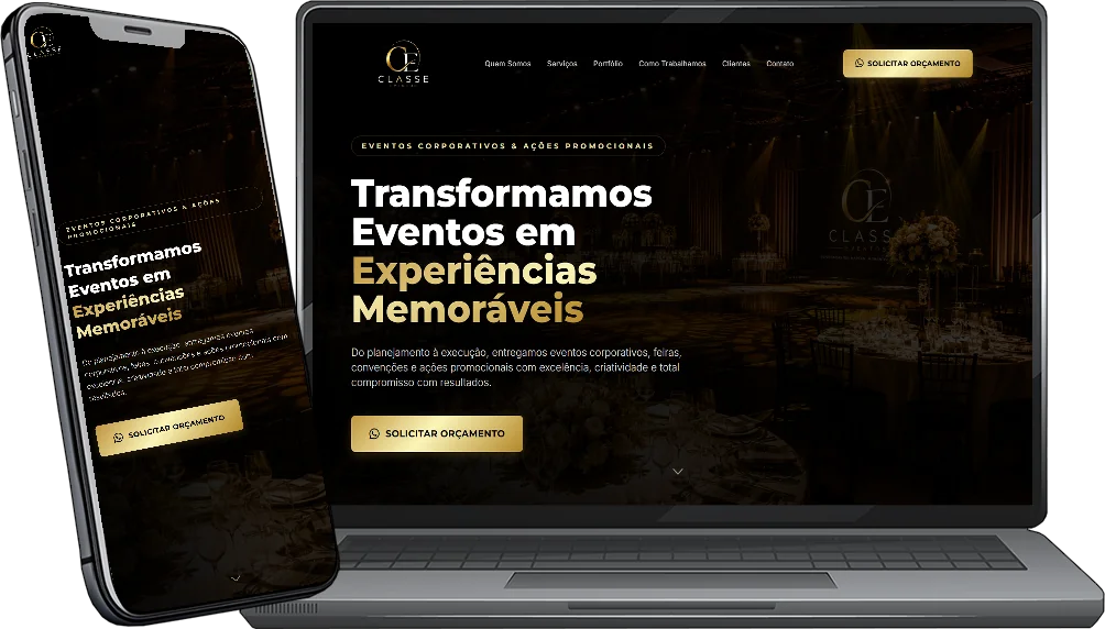Página inicial do site Classe Eventos em um notebook e em um celular